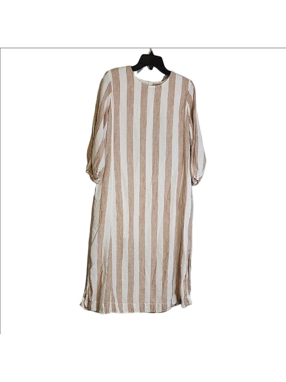 Everlane Long Sleeve Beige and White Striped Linen Dress Size 2 Lined Loose Fit